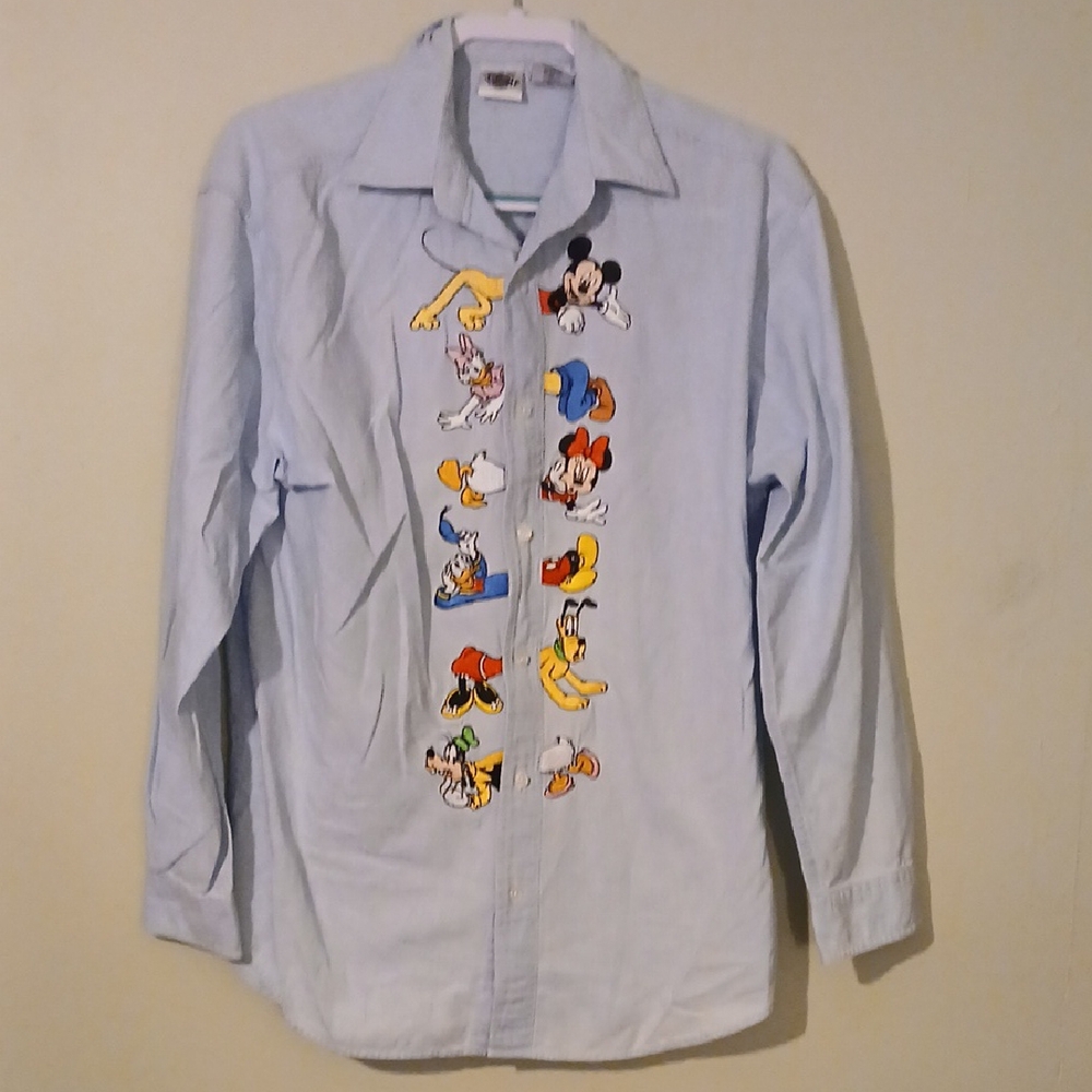 Vintage Disney Light Blue Button Down Shirt with Character Design Size M
